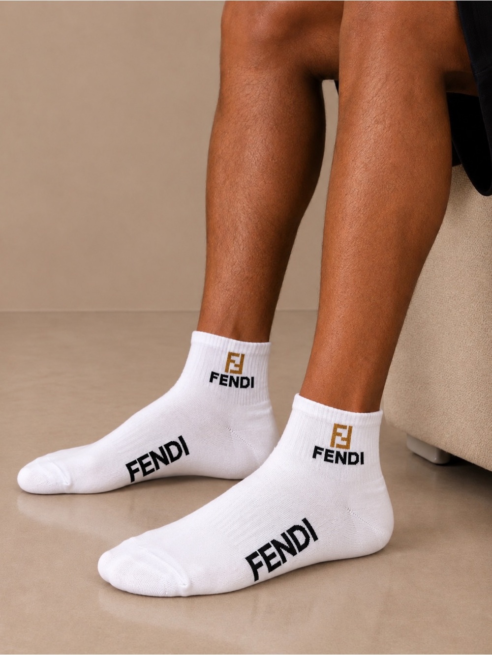 Fendi White Ankle Socks with Black Logo and Gold Emblem